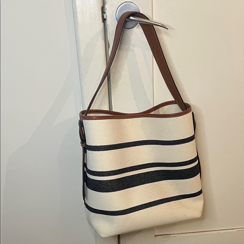 H&M Cream and Black Striped Shoulder Bag with Brown Trim